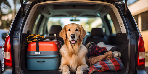 Cachorro engraçado sentado no porta-malas do carro pronto para a viagem de férias de verão 