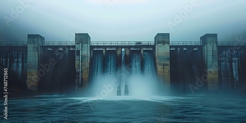 Hydroelectric dam releasing water for clean energy generation from reservoir in natural setting. Concept Hydropower, Renewable Energy, Reservoir Management, Sustainable Practices