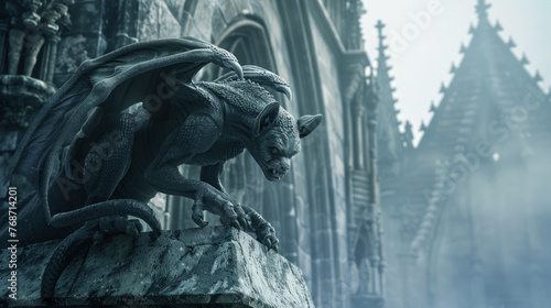 Gargoyle on Gothic cathedral, old monster statue in mist closeup. Vintage stone demon sculpture on church wall background. Concept of scary chimera, devil and fantasy.