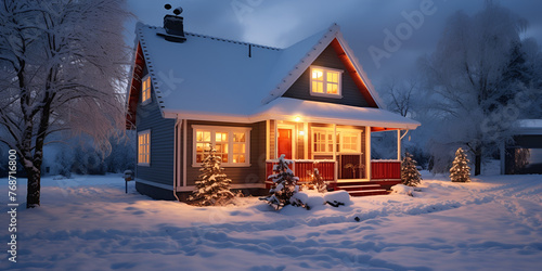 A house in the snow, Una cabaña en el medio de un lago rodeado de nieve, 