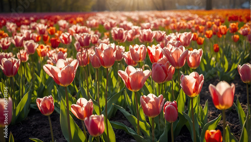 Field of Pink and Orange Tulips at Sunset