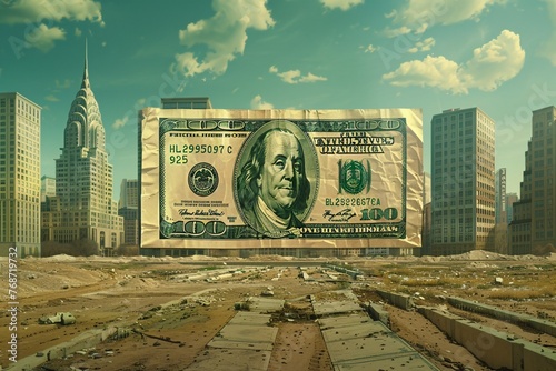 a large dollar bill in a city
