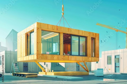 Modular wooden office building under construction, sustainable architecture using prefabricated elements, digital illustration