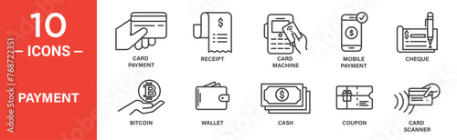 Payment icon set. card machine, mobile payment, receipt, cheque, wallet, icons. outlined icon collection. Vector illustration.