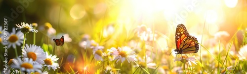 Beautiful spring meadow with daisies and butterflies in the morning sunlight banner background.