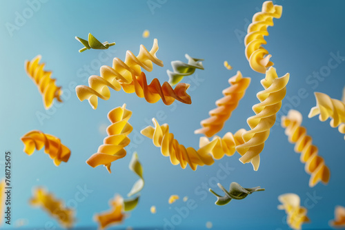 Several pieces of colorful fusilli floating in the air. Generative AI