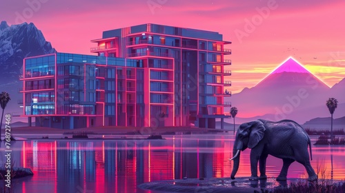  An elephant stands in a body of water in front of a pyramid-topped building