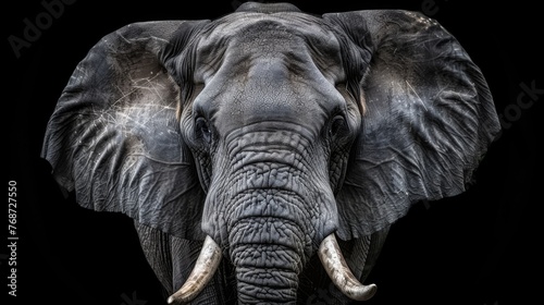  Close-up of an elephant's head, showcasing its tusks and wrinkled face