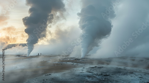 A powerful display of geysers erupting with steam and hot water against a serene twilight sky, showcasing the raw power of nature
