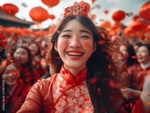 A woman in a red dress with a flower headband is smiling