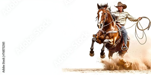 Cowboy on Galloping Horse Swinging Lasso in Wild West Adventure on Isolated White Background