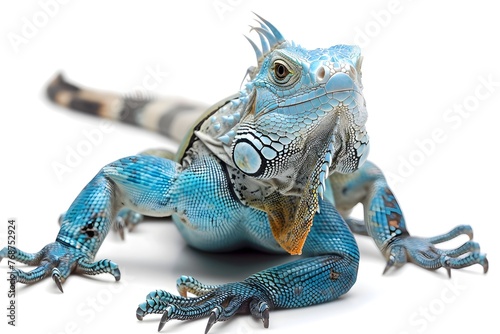 Vibrant Blue Iguana on White Backdrop,Captivating Reptile Portrait