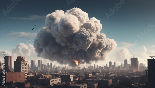 Nuclear bomb into a city with large scale destruction smog of bomb with smog clouds and sky with vector illustration style