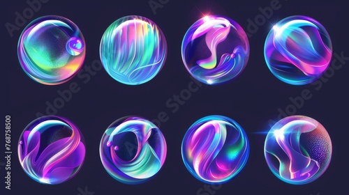 The 3d hologram abstract liquid surface collection consists of cosmic cosmic light planet logo elements. Round iridescent holographic holographic texture space neon icons. Bright rainbow color