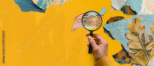 In this collage you can find modern elements with a magnifying glass in hand, as well as trendy shapes. The background is yellow.