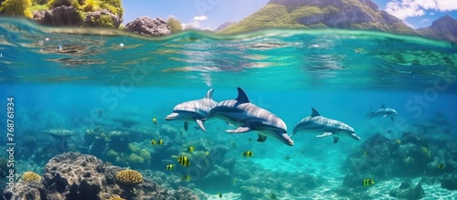group of dolphins underwater with tropical reef background