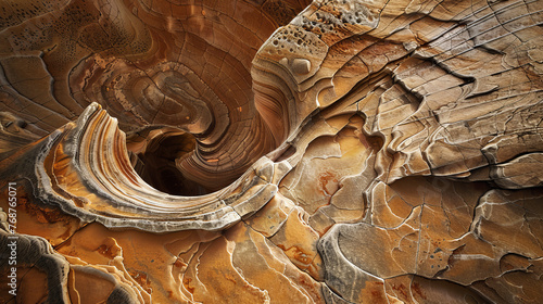 A detailed close-up of unique swirling patterns in a canyon's sandstone walls, resembling abstract art