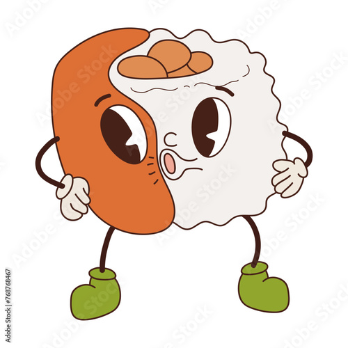Groovy Japanese food character Sushi. Roll mascot Vintage style. Cartoon design card seafood for bar, restaurant. Retro vector illustration.