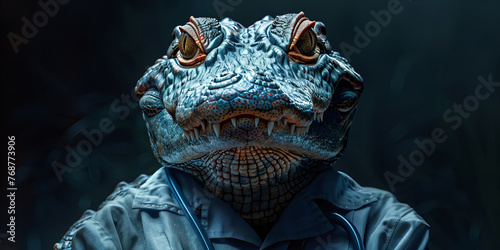 Intrepid Reptilian Gaze: Enigmatic Saurian Ambassador in Monochrome Banner