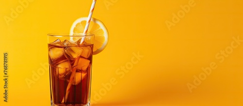 A detailed shot of a refreshing glass of iced tea served with a drinking straw and a slice of fresh lemon, all reflected on a yellow-orange background with space for text