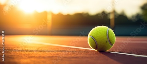 Close up of a tennis ball lying on the court surface as the sun sets in the background, creating a serene and beautiful scene