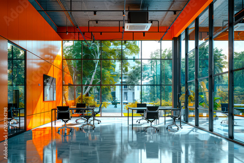 Enhancing Workplace Culture: Vibrant Orange Office Space with Glass Windows