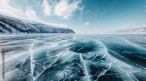 Beautiful pure ice with cracks on the Lake Baikal. Unique, wonderful, clean, cool ice of the largest and cleanest lake in the world