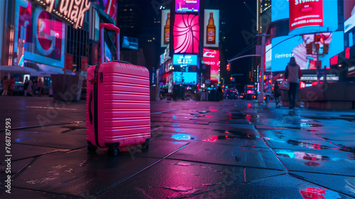 Valise rose en voyage à New York sur Times Square la nuit
