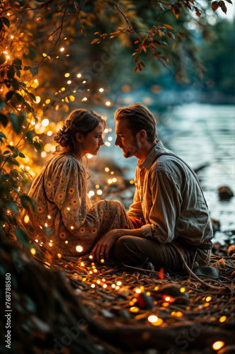 Romantic couple sitting on the bank of a lake and looking at each other