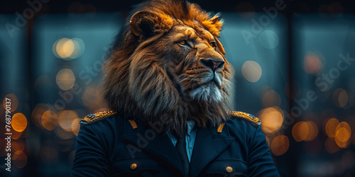 Elegant Lion Commander Staring into Distance on Bokeh Lights Background Banner