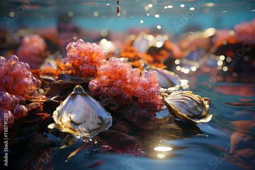 Dazzling Marine Life: Oysters and Glowing Pink Algae Underwater Banner