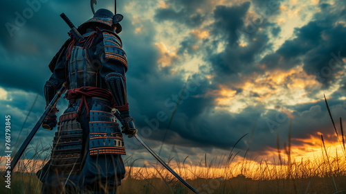 A Japanese samurai warrior standing with his back in the grass.