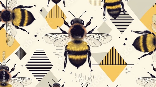 A graphic feast for the eyes, this image combines detailed illustrations of bees with minimalist geometric patterns, presenting a modern take on the natural elegance of bees.