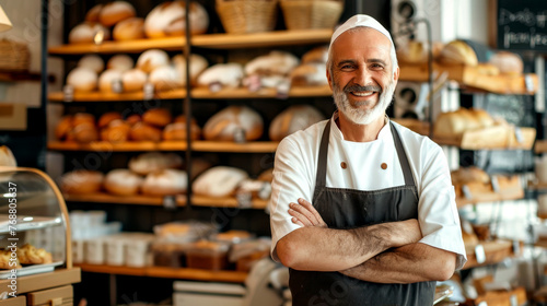 Grinning baker surrounded by delectable pastries in bustling bakery