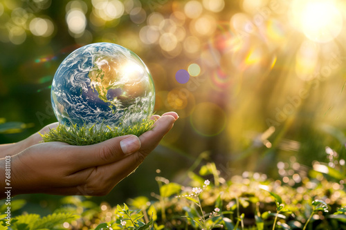Globe in human hand on green grass background, save the earth concept