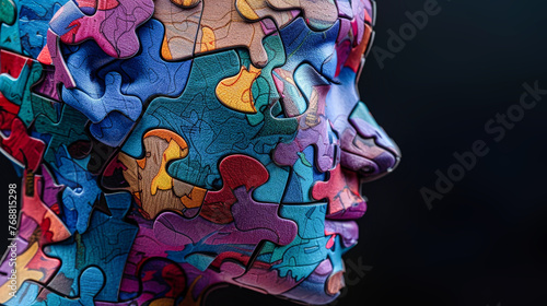A close-up view of a human face intricately composed of interconnected puzzle pieces