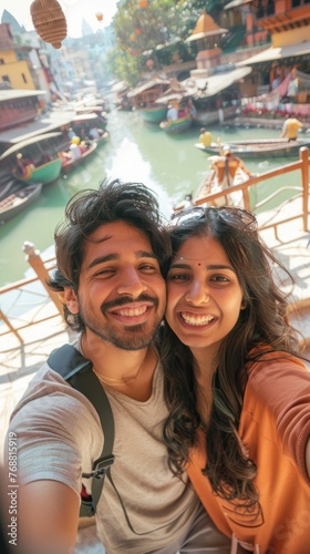 Happy young couple traveling, happy couple taking selfie against the background of a cultural tourist site