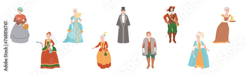 Man and Woman Character Wear Renaissance Traditional European Clothes Vector Set