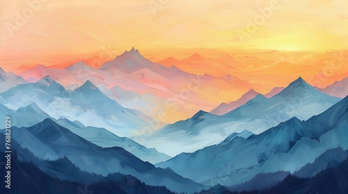 Soothing Sunrise Peaks: image of mountain peaks bathed in the gentle light of sunrise, with pastel hues of peach, coral, and soft yellow painting the sky.