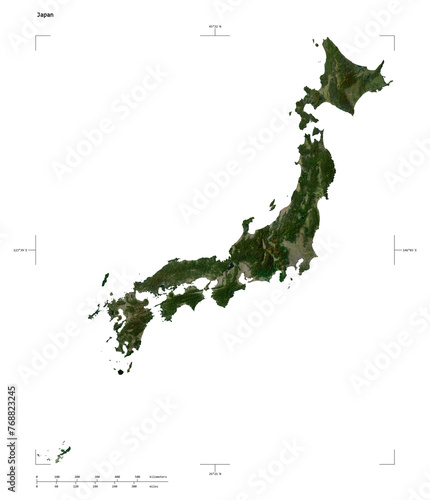 Japan shape isolated on white. Low-res satellite map