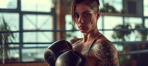 Close-up portrait of attractive mixed race female boxer with muscular body posing in a gym. Fit and sexy young Hispanic woman with tattoos wearing boxing gloves.