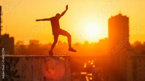 Silhouette of a young male traceur doing parkour trick on an urban rooftop. Determined guy demonstrating parkour techniques. Cityscape illuminated by setting sun in the background.