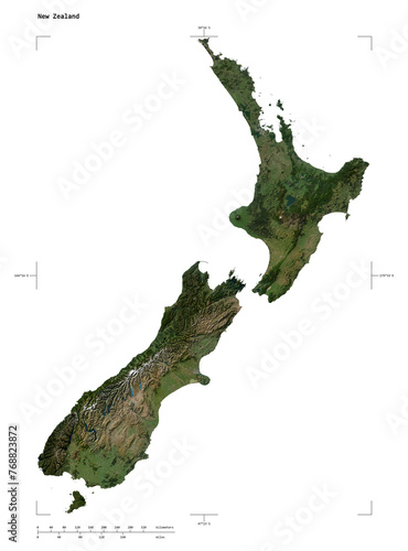 New Zealand shape isolated on white. Low-res satellite map