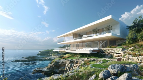 A modern coastal home with a minimalist design, on a cliff overlooking the sea, outdoor lounge and expansive terraces for enjoying the coastal vistas