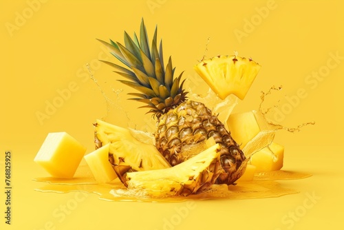 Fresh ripe sliced pineapple in splashes of water, healthy fruit