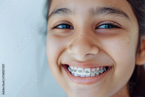 smiling teenage indian girl with braces, close up portrait of indian teen, orthodontic treatment, blurred background