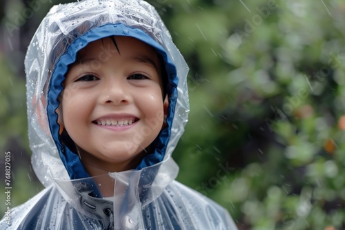 kid in transparent rain slicker smiling at camera