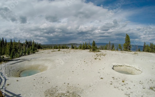 View of Yellowstone National Park's West Thumb Geyser Basin with geothermal pools