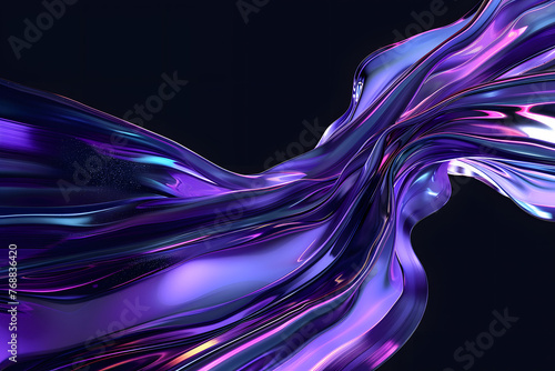 abstract 3D background in the form of a transparent purple wave on a black background, liquid glass texture, purple iridescent shiny wave