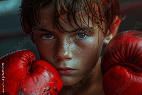 Cheerful handsome little boy boxer wearing boxing gloves rejoices in a victory. Isolated on dark textured background.